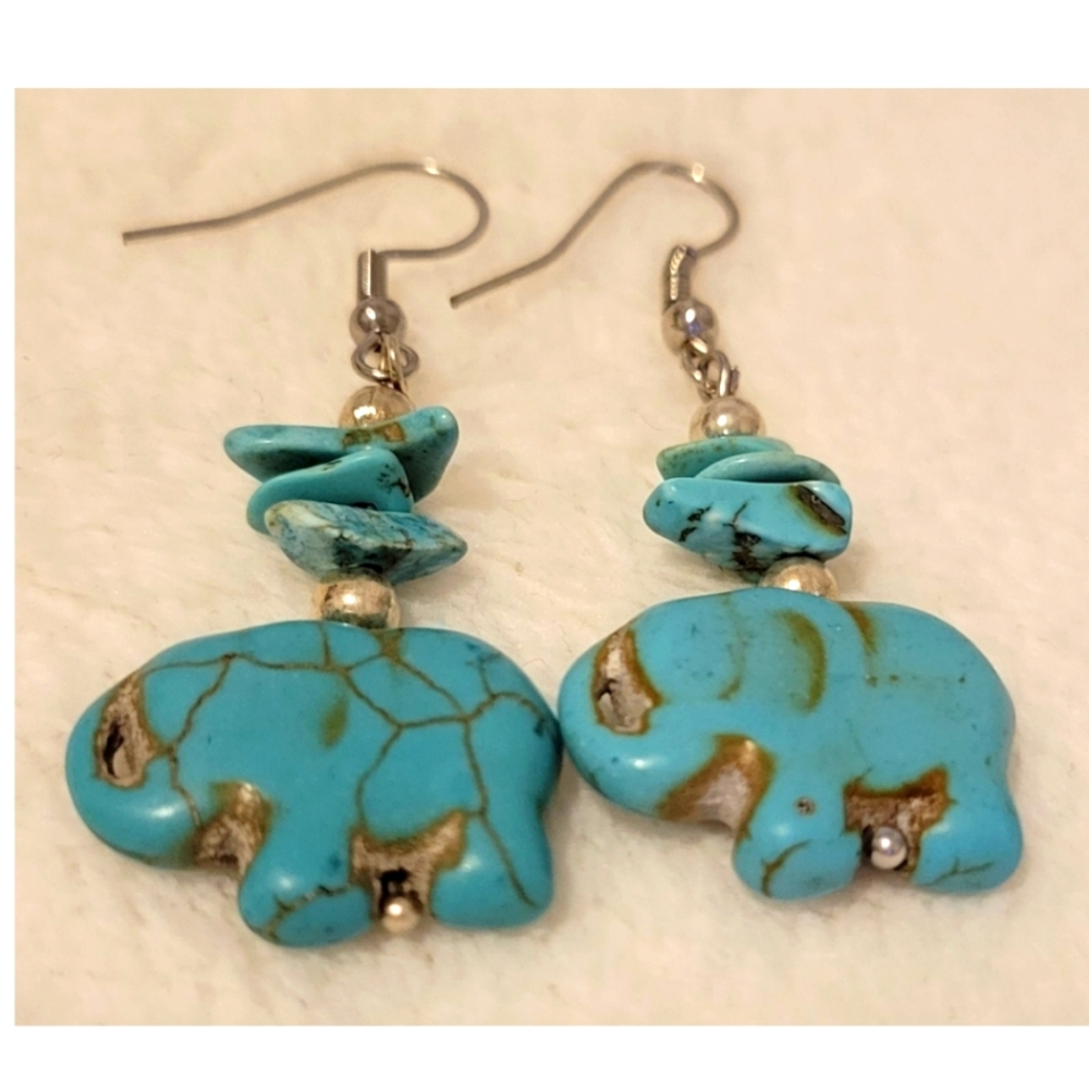 Cute Turquoise Good Luck Elephant Dangle Earrings